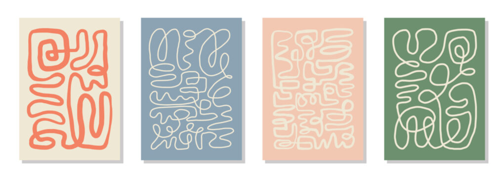 Set of 4 wall art posters, brochure, flyer templates. Single organic line abstract shape drawn, hand drawn design, simple wallpaper. Dynamic continuous one line graphic vector vintage design.