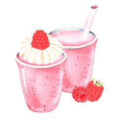 Two milkshakes with raspberries. Watercolor illustration. Isolated on a white background.For design.