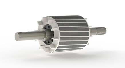Assembly rotor used for asynchronous electric motor, squirrel cage and shaft, 3D rendering isolated on white background