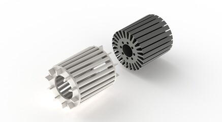 Squirrel cage aluminum rotor for asynchronous electric motor, 3D rendering isolated on white background