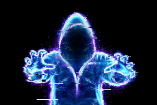 Dark web, shadow crime, internet crime concept, hidden internet. Hologram of digital hacker in computer space. Hacker virus attack. 3D illustration, 3D render.