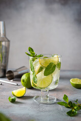 Mojito cocktail with ice cubes, lime and mint in a glass. Summer refreshing drink. Side view, copy space. Bar menu. Mohito recipe. Cuban Lemonade Water and Lime Alcohol for Restaurant Bar