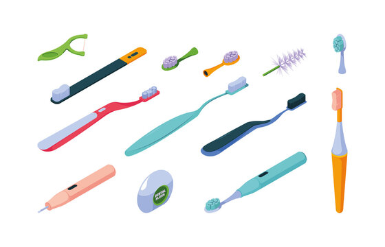 Teeth brush. Medical hygiene for teeth items for dental care cleaning mouth garish vector isometric illustration set
