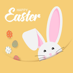 Cute Easter rabbit with ears and lettering Happy Easter on yellow background, vector illustration.