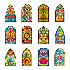 Stained glass. Decorative colored windows from vintage church buildings medieval templates of stained glasses with geometrical forms recent vector pictures set - obrazy, fototapety, plakaty