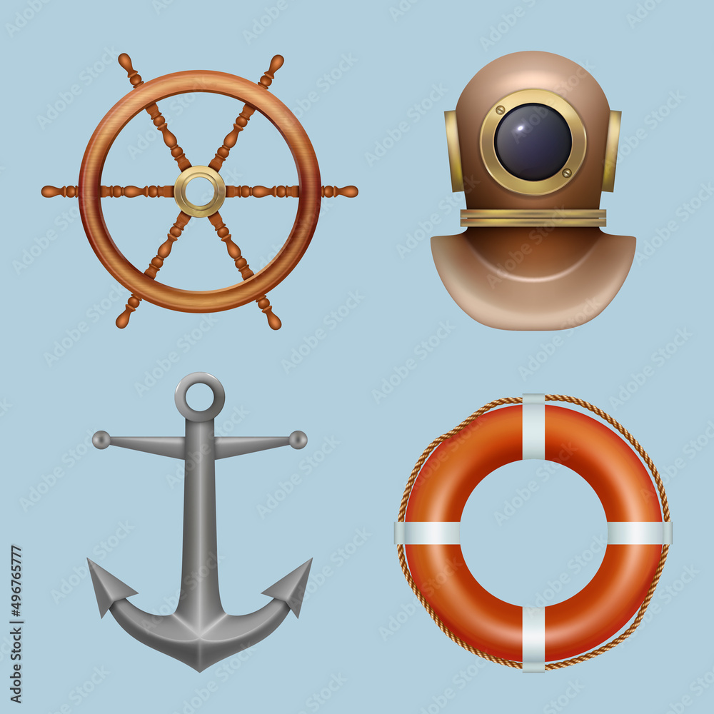 Sticker Marine realistic. Space suit lifebuoy anchor steering wheel diving ocean equipment cruising captain safety jacket decent vector set