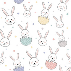 Design of an Easter pattern with smiley bunnies and eggs. Vector