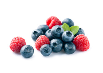 Sweet raspberry and blueberry on white backgrounds
