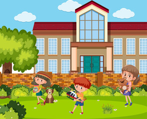 Obraz na płótnie Canvas School outdoor with children cartoon character