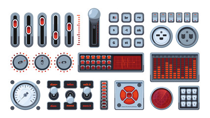 Ui elements. Control panels dashboards switches buttons frames volume handle controllers dial meters garish vector templates colored set