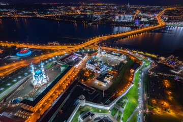 Panorama night city Kazan kremlin and Kul Sharif mosque of Tatarstan Russia, aerial top view