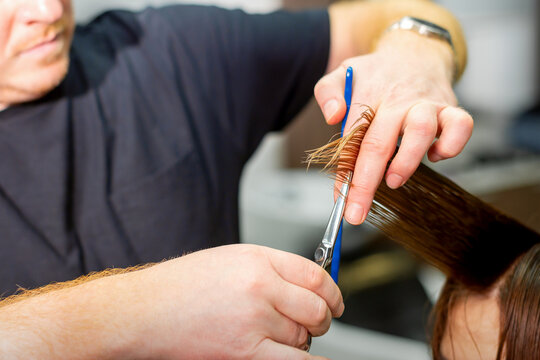 Hands of hairdresser hold hair strand between his fingers making haircut of long hair of the young woman with comb and scissors in hairdresser salon, close up