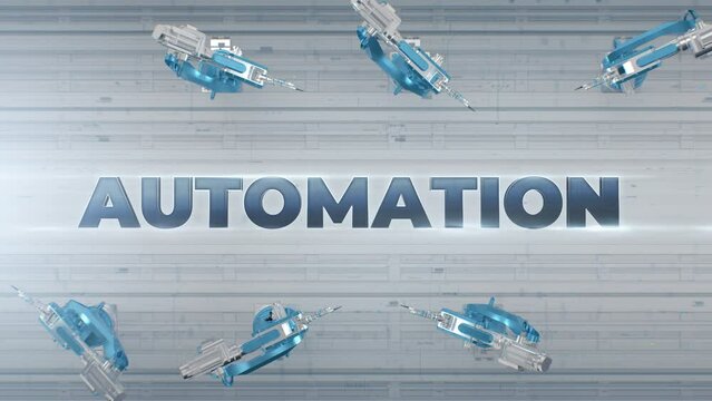 Automated Robot Arm Assembly Line Automation text label. Automation white concept.