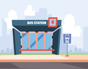 Bus station background. Urban municipal cartoon illustrations with place for city bus stop garish vector cartoon pictures set