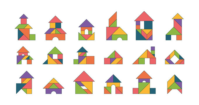 Tangram buildings. Geometrical jigsaw for kids logical puzzles houses from triangles garish vector colored templates
