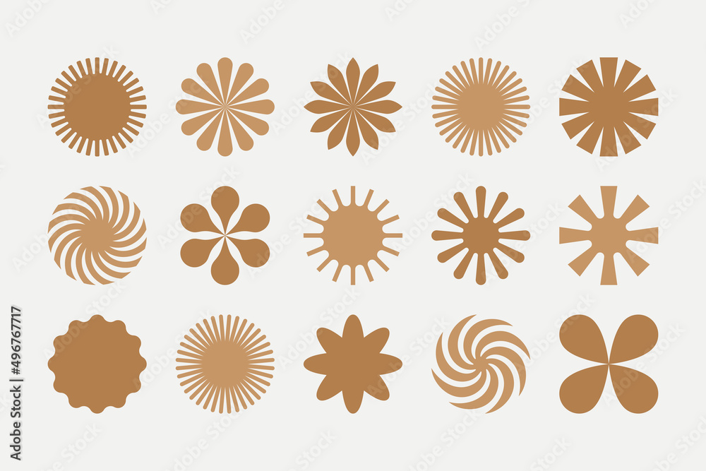 Poster Vector set of design elements and illustrations in simple flat linear style - sun symbols, abstract forms and shapes - logo design templates, badges and stickers for posters, prints, banners