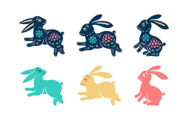 Colorful easter rabbits with patterns and prints, isolated bunnies. Vector flat cartoon, celebration of spring seasonal holiday. Furry hare animal with long ears and short tail fluffy mammal