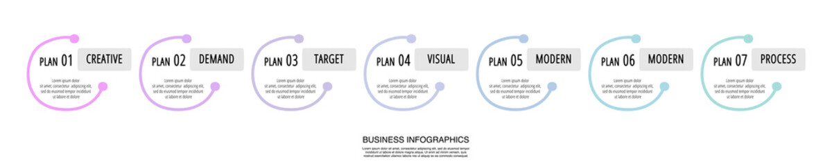 Fototapeta premium Business vector infographics with seven circles. Hand drawn timeline visualization with 7 steps for diagram, flowchart, banner, presentations, web, content, levels, chart, graphic