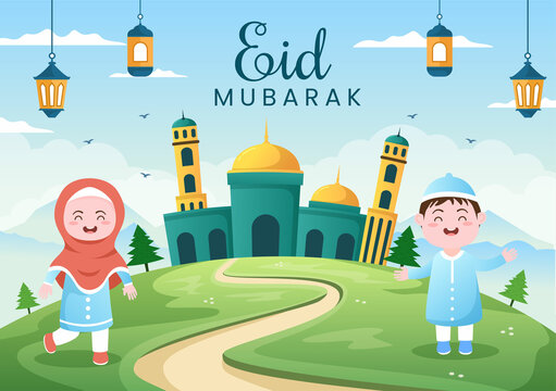 Happy Eid ul-Fitr Mubarak Background Illustration. Muslim People Celebrating with Shaking Hands Wishing Each Other and Apologize in Flat Style