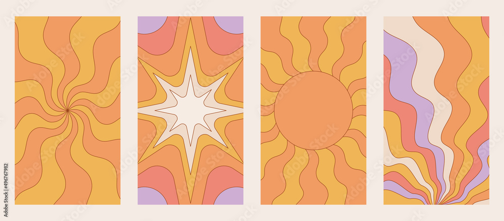 Poster Vector illustration in simple linear style - design templates - hippie style - frames and prints with copy space for text, vertical abstract backgrounds for social media stories