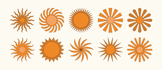 Vector set of design elements and illustrations in simple flat style - sun symbols, abstract forms and shapes - logo design templates, badges and stickers for posters, prints, banners