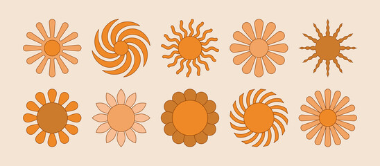 Vector set of design elements and illustrations in simple flat style - sun symbols, abstract forms and shapes - logo design templates, badges and stickers for posters, prints, banners