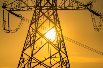 High voltage post,High voltage tower sky sunset background.