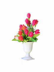 Red flower bouquet in white pot isolated on white background , clipping path