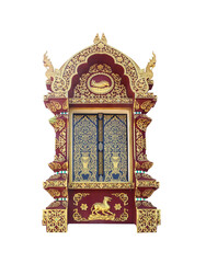 Antique window frame with engraving flowers , animal and serpent patterns in Thailand temple isolated on white background , clipping path