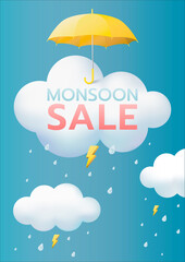 Monsoon season offer and sale banner, yellow umbrella, clouds and rain background with thunder