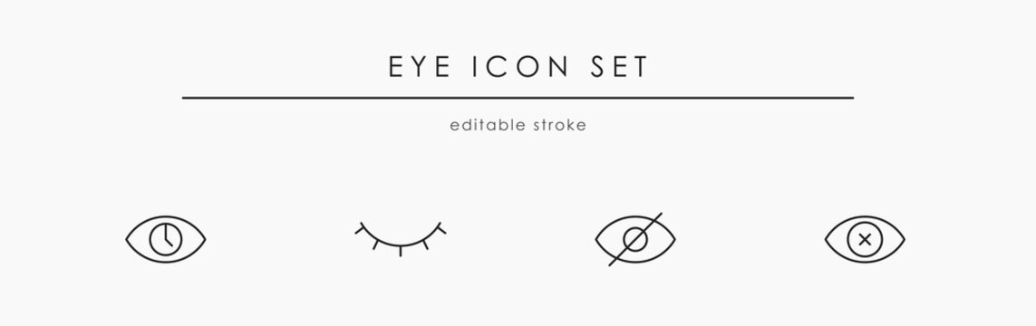 Eye linear icon set for web and UI design. Eye with timer, cross and closed eye vector illustration