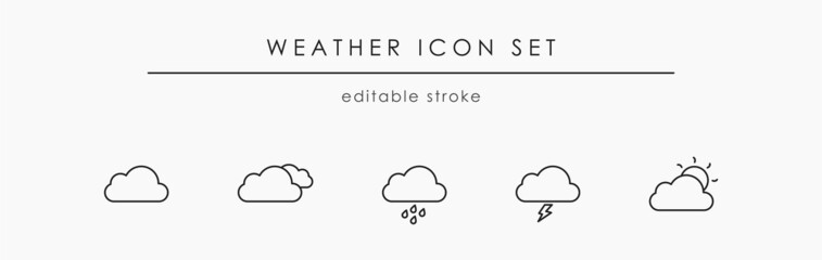 Cloud vector icon set. Linear cloud icons with sun and lightning for weather forecast