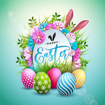 Happy Easter Illustration with Painted Egg, Rabbit Ears and Spring Flower on Blue Background. Vector Easter Day Celebration Design for Flyer, Greeting Card, Banner, Holiday Poster or Party Invitation.