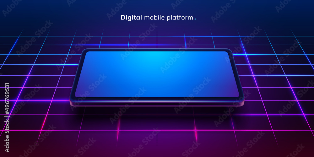 Poster Digital mobile platform in smartphone, modern gadget with neon line background. Vector realistic cartoon, presentation of new product, software or application. Virtual reality and electronics