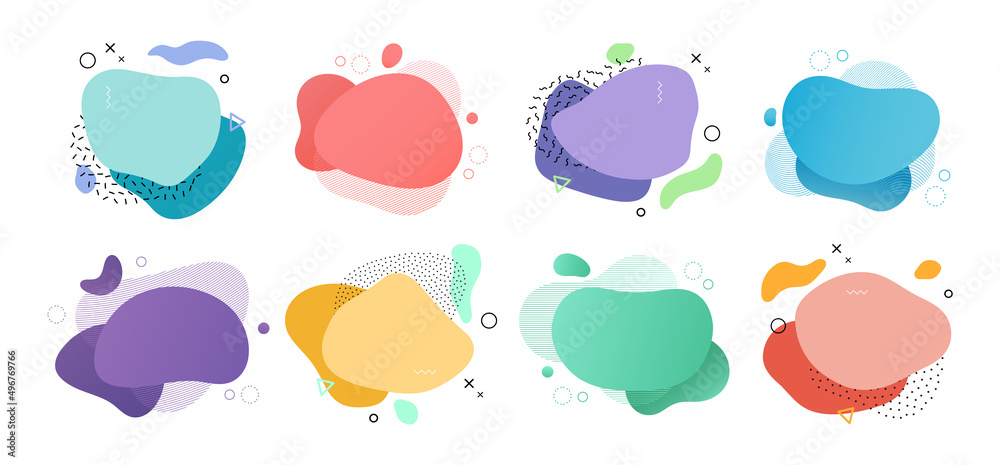 Poster Memphis blob forms, isolated variety of colored liquid shapes with splashes design. Vector flat cartoon, typography or banners templates, abstract background for text, copy space on icons set
