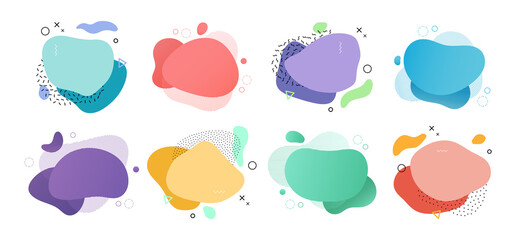 Memphis blob forms, isolated variety of colored liquid shapes with splashes design. Vector flat cartoon, typography or banners templates, abstract background for text, copy space on icons set