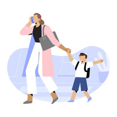 Businesswoman, mother walking child to school or kindergarden down the street, hurrying to work to office, talking on the phone, office, busy multitasking parent, career and parenting concept, vector