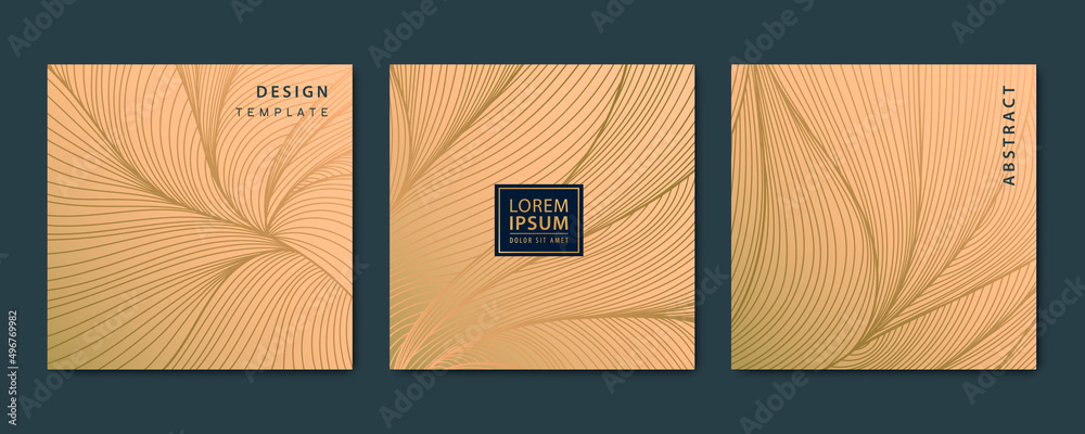 Wall mural Vector set of abstract luxury golden square cards, post templates for social net, wavy line art background. Art Deco Pattern, texture for print, fabric, packaging design - Wall murals