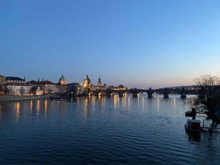 Evening view to Karlov Bridge in Prague, Czech Republic.