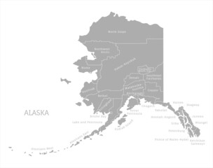 Highly detailed gray map of Alaska state, USA. Administrative Alaskan map with territory borders and names of departments vector illustration isolated on white background