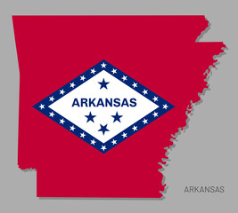 Highly detailed map of Arkansas with flag inside. AR USA State map with territory borders, political or geographical design realistic vector illustration on gray background