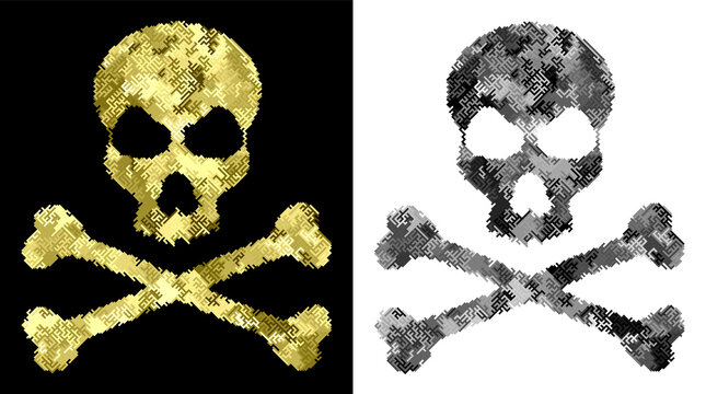 Skull with crossbones in digital style. Danger of viruses infecting computers and digital devices. Vector isolated on white background