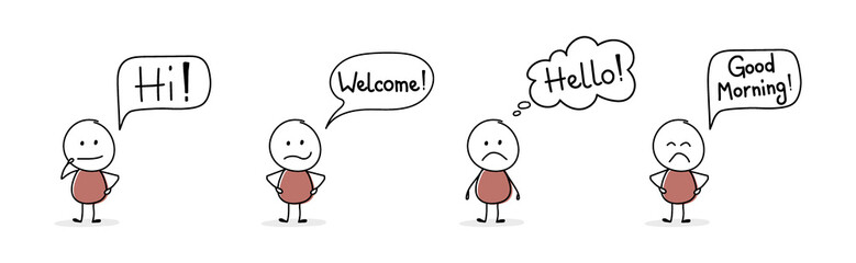 Unhappy cartoon people with greeting - welcome, hello, hi, good morning. Vector