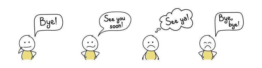 Unhappy cartoon people with text - bye, see ya, see you soon. Vector