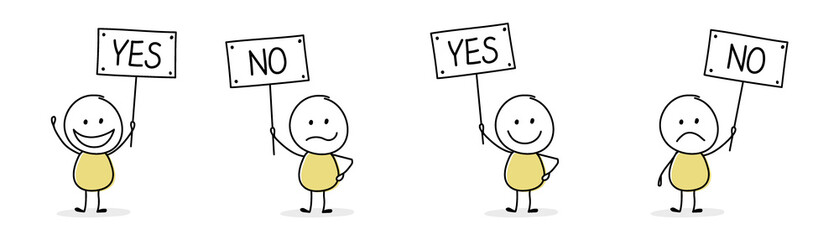 Cartoon stickmen with text on a board - yes and no. Vector