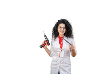 Young girl with screw gun and tools. Ready for repair. Isolated