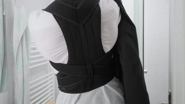 Headless person in bathroom put on business jacket over posture belt 4K
