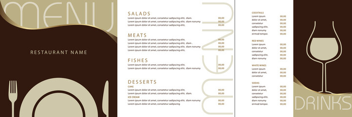 Carte en 3 parties pour un menu de restaurant gastronomique avec un graphisme simple et clair.