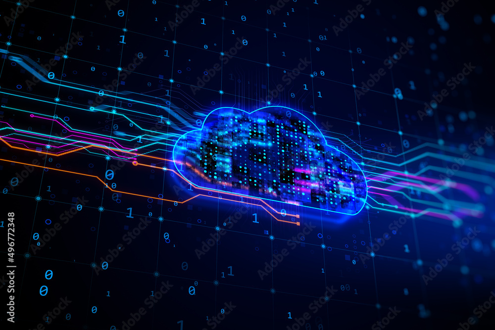 Aufkleber Close up of abstract glowing cloud lines hologram on dark blue background. Cloud computing, database and technology concept. 3D Rendering.