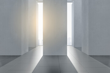 Clean concrete corridor interior with pillars and daylight. 3D Rendering.